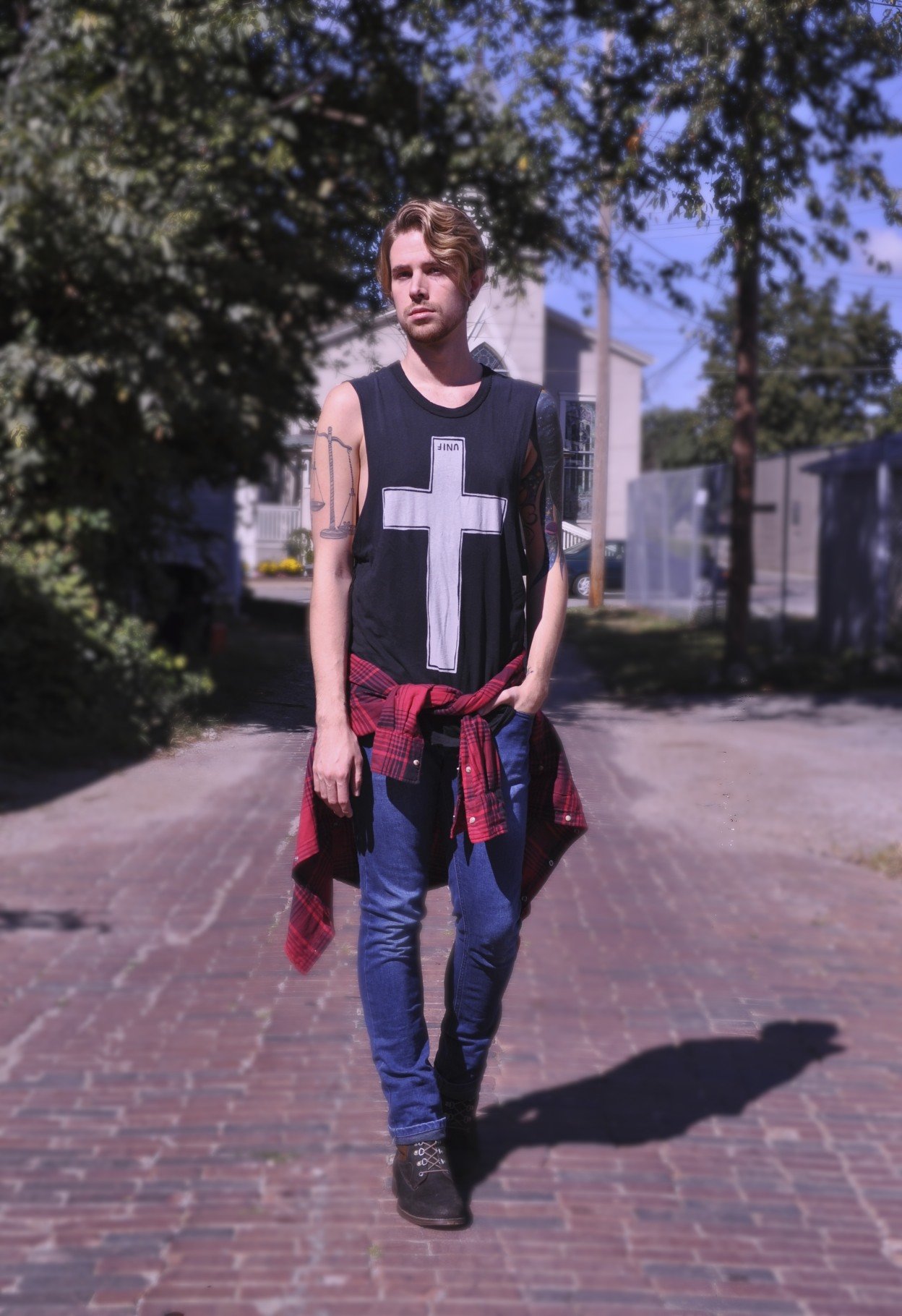 UNIF Worship Tank with JACHS Buffalo Plaid Shirt over Topman Denim with J Shoes Boots