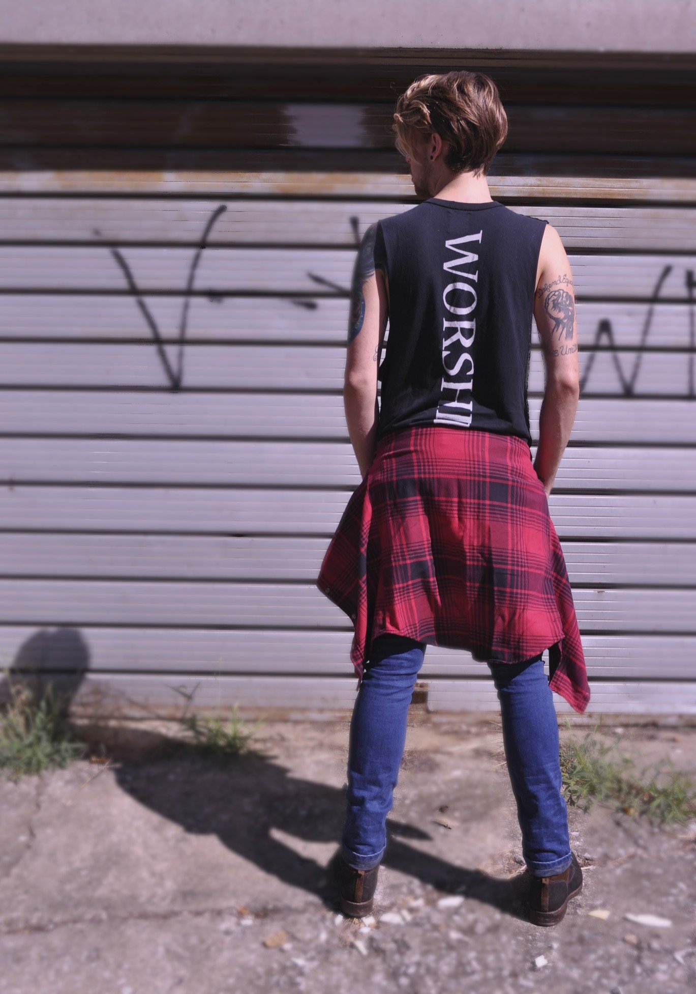 UNIF tank with JACHS plaid shirt over Topman jeans with J Shoes boots