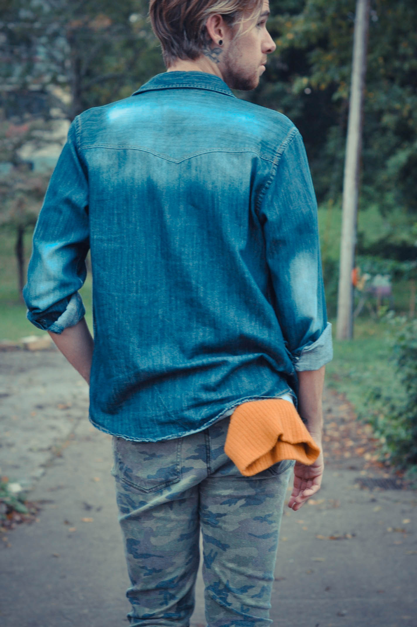 Jachs Denim Shirt Obey T-Shirt Yellow Beanie with Tripp NYC Camo Pants and Topman Combat Boots