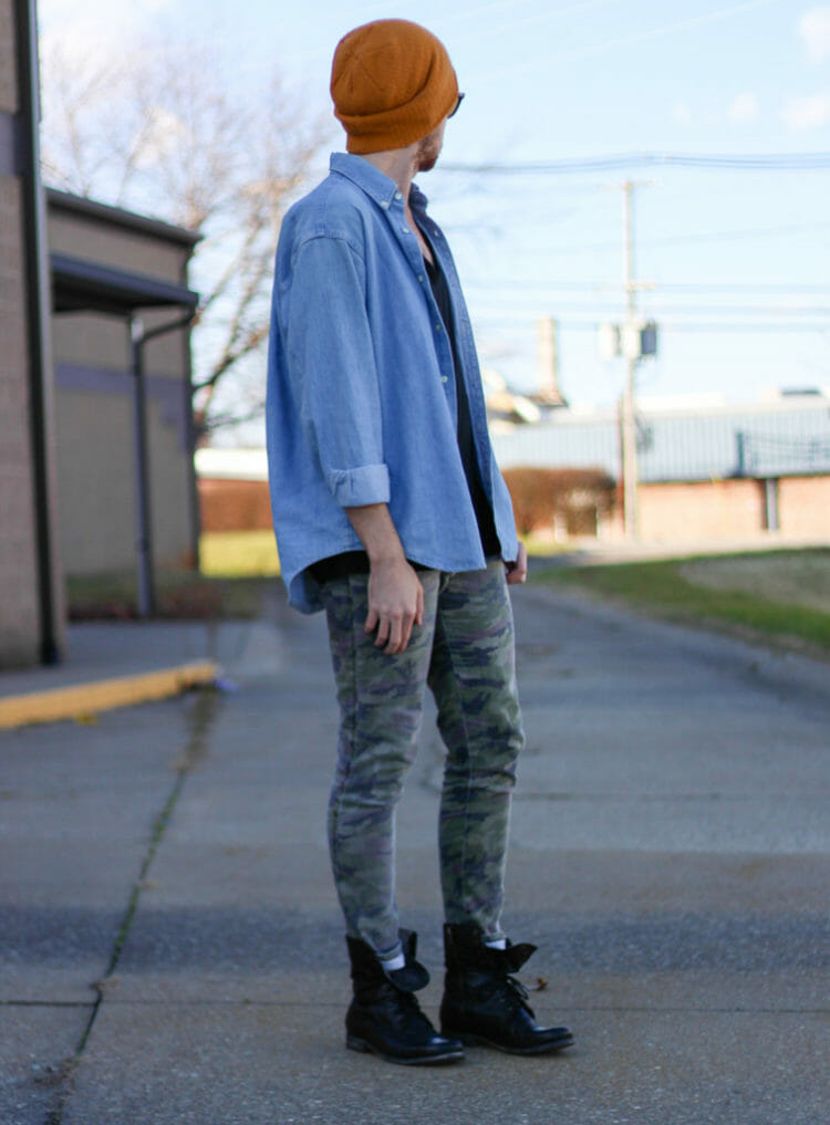 The Kentucky Gent in American Apparel V-Neck T-Shirt, J Crew Denim Shirt, Tripp NYC Camo Pants, 21Men Beanie, Ray-Ban Wayfarers, Steve Madden Troopah2 Boots