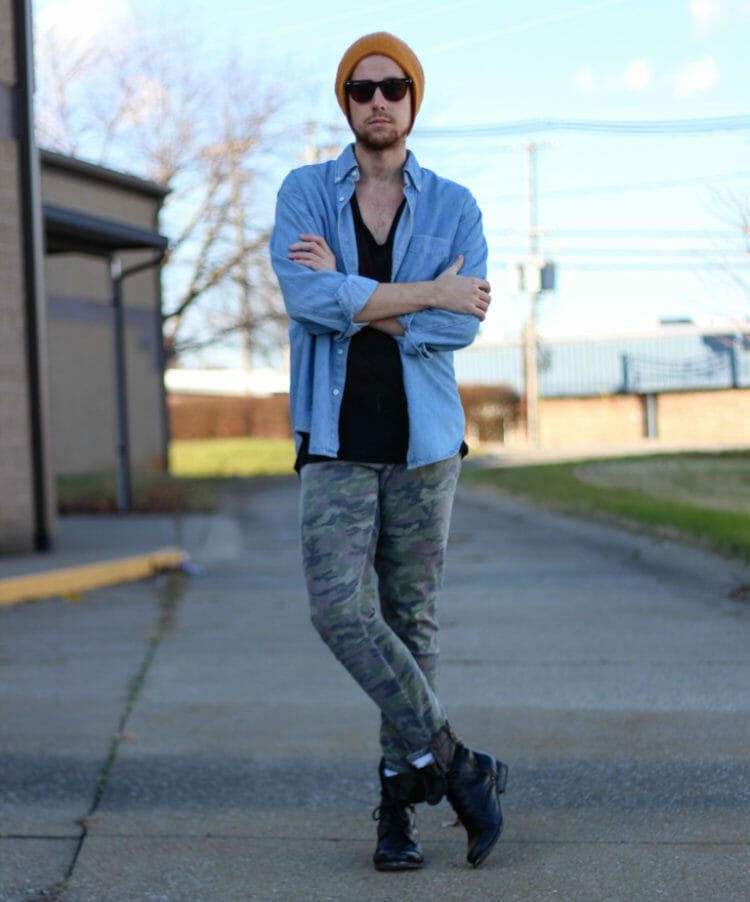 The Kentucky Gent in American Apparel V-Neck T-Shirt, J Crew Denim Shirt, Tripp NYC Camo Pants, 21Men Beanie, Ray-Ban Wayfarers, Steve Madden Troopah2 Boots