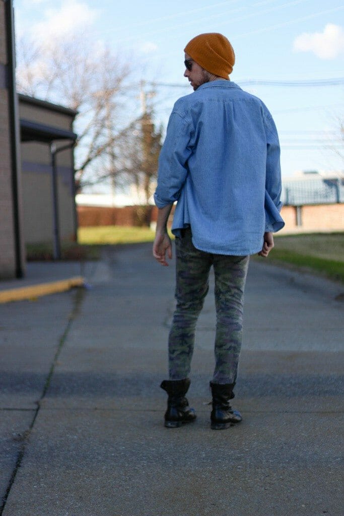 The Kentucky Gent in American Apparel V-Neck T-Shirt, J Crew Denim Shirt, Tripp NYC Camo Pants, 21Men Beanie, Ray-Ban Wayfarers, Steve Madden Troopah2 Boots