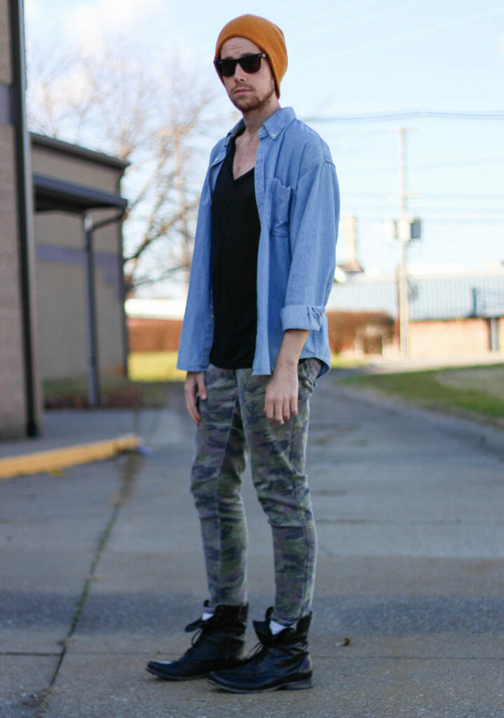 The Kentucky Gent in American Apparel V-Neck T-Shirt, J Crew Denim Shirt, Tripp NYC Camo Pants, 21Men Beanie, Ray-Ban Wayfarers, Steve Madden Troopah2 Boots