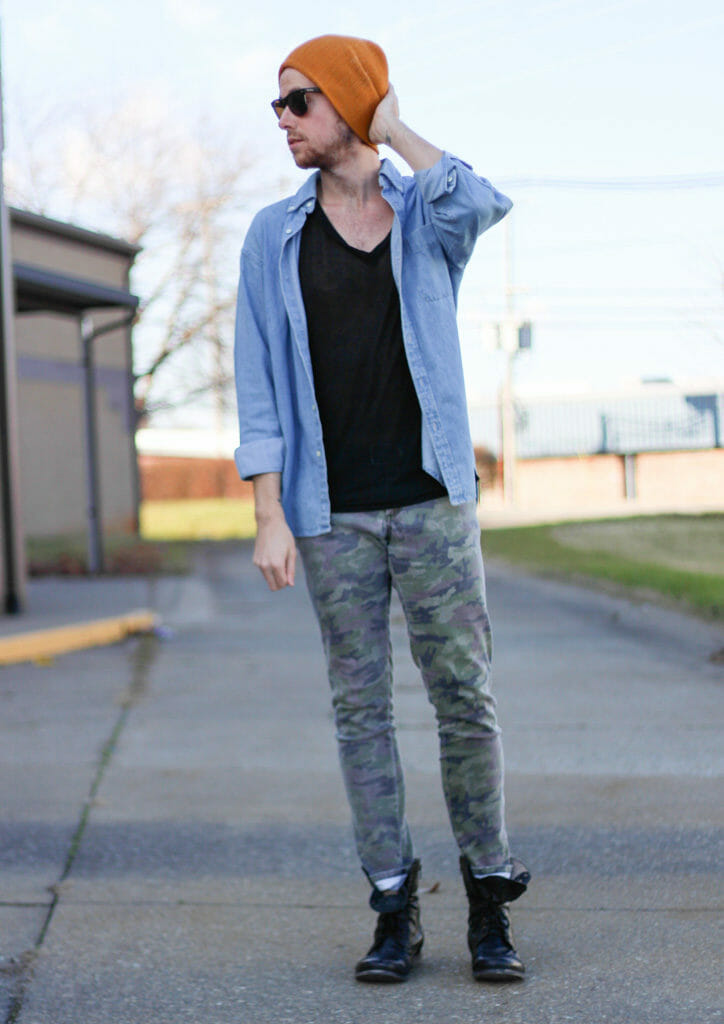 The Kentucky Gent in American Apparel V-Neck T-Shirt, J Crew Denim Shirt, Tripp NYC Camo Pants, 21Men Beanie, Ray-Ban Wayfarers, Steve Madden Troopah2 Boots