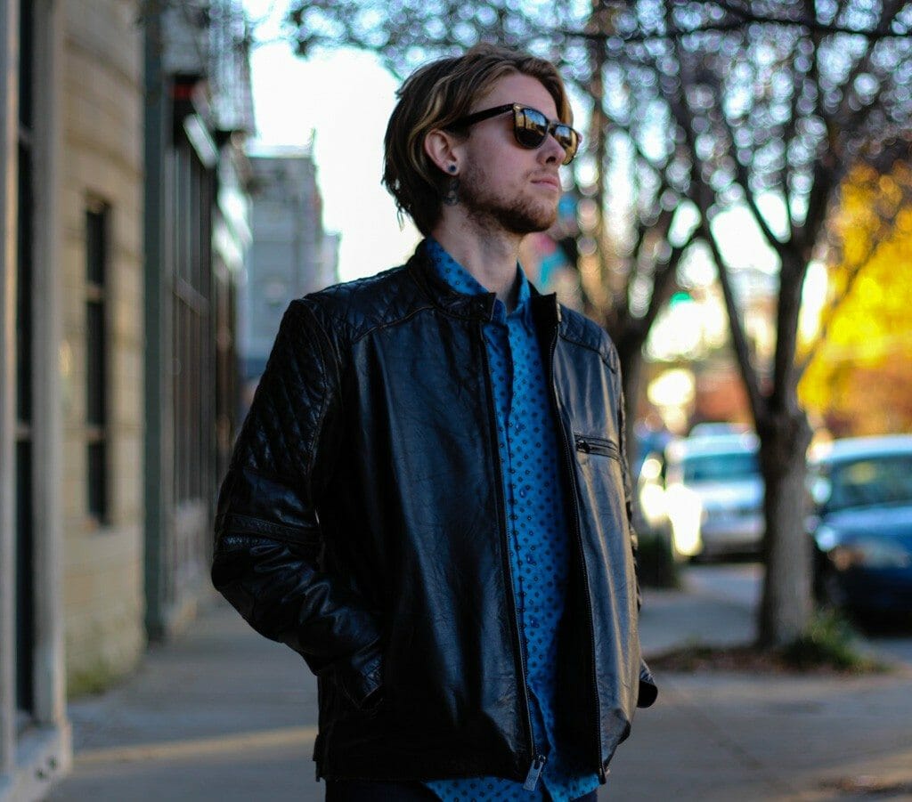 The Kentucky Gent in Obey Woven, Andrew Marc Leather Jacket, WESC Jeans, and J Shoes Boots