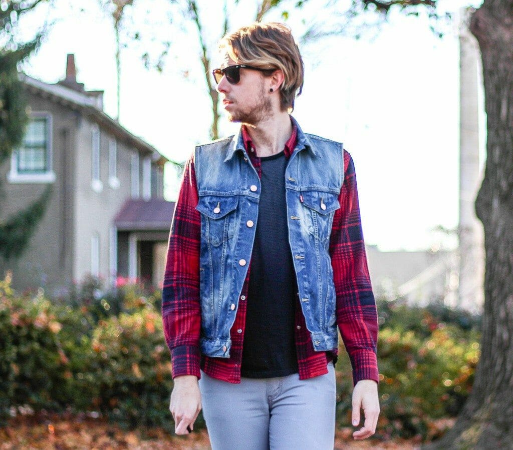 The Kentucky Gent in Camo Scout by Etnies, Kill City T-Shirt, Levis Denim Vest, JACHS Plaid Shirt, Levis 511 Jeans, and Ray-Ban Wayfarers