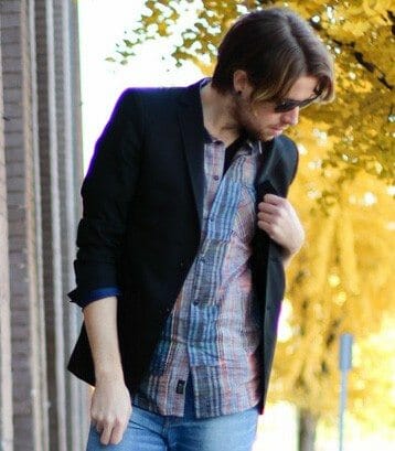 The Kentucky Gent in Zara Blazer, KR3W Button Up, WESC Jeans, Ray-Ban Wayfarers, and Steve Madden Troopah2 Boots