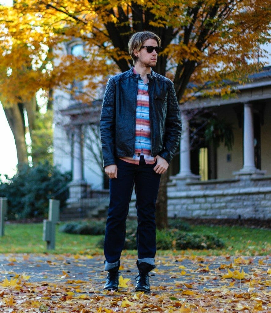 The Kentucky Gent in Marc Moto by Andrew Marc Crop Racer Leather Jacket, KR3W Dreamer Long Sleeve Woven Shirt, People Vs. West Jeans, and Troopah2 Boots from Steve Madden