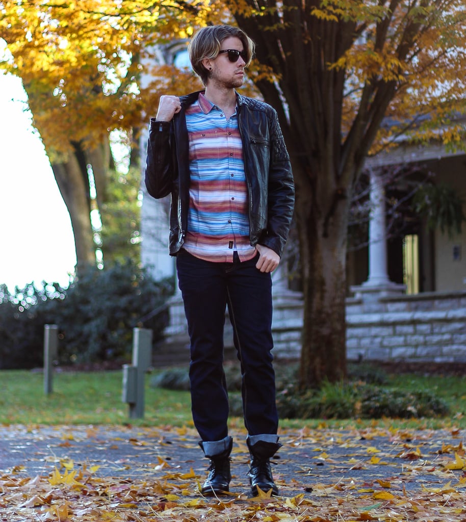 The Kentucky Gent in Marc Moto by Andrew Marc Crop Racer Leather Jacket, KR3W Oath Long Sleeve Woven Shirt, People Vs. West Jeans, and Troopah2 Boots from Steve Madden