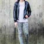 The Kentucky Gent in Rad T-Shirt by UNIF, Black Apple Leather Jacket, Tripp NYC Camo Rocker Pants, and Black Chucks by Converse