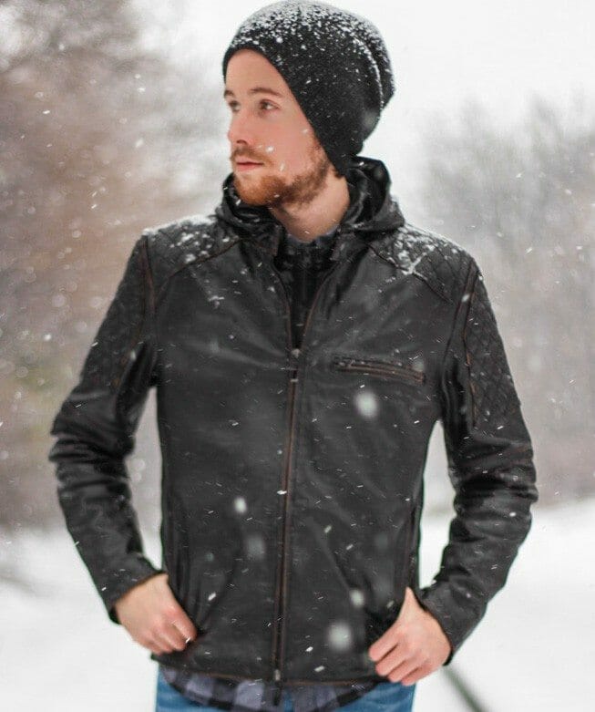 Leather jacket in snow on sale