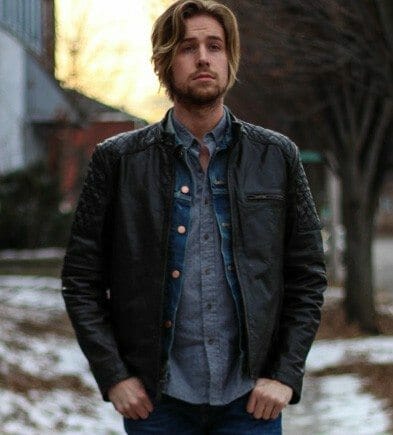 The Kentucky Gent in Andrew Marc Leather Jacket, Your Neighbors Polka Dot Shirt, Levis Denim Vest, Zara Jeans, and Steve Madden Boots