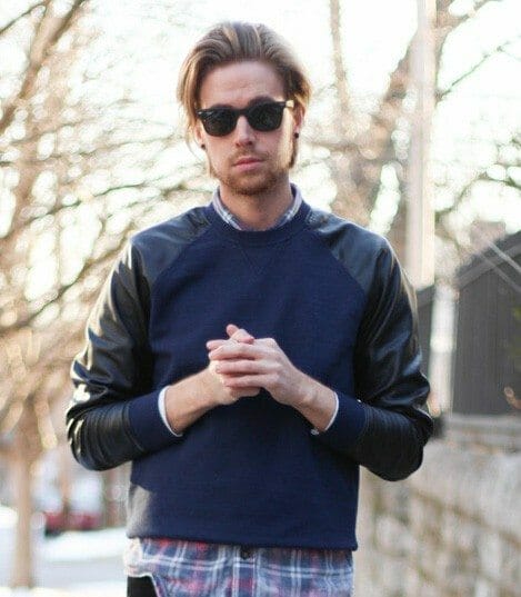 The Kentucky Gent Colorfast Plaid Shirt, Narrows Sweatshirt, Dr. Martens Brock Boots, Ray-Ban Wayfarers, Kr3W Denim