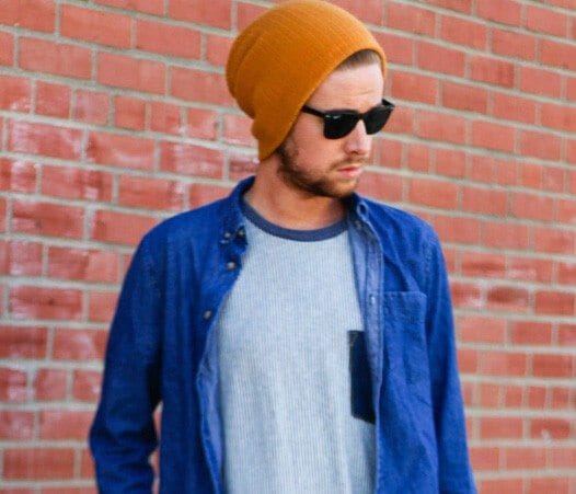 The Kentucky Gent in 21Men Beanie, Rayban Wayfarers, H&M Denim Shirt, Original Tomboy Pocket T-Shirt, H&M Drop Crotch Linen Pants, and Steve Madden Boots