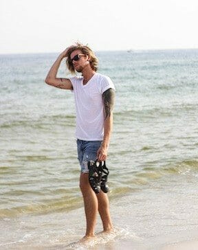 The Kentucky Gent in Hammock and Palms Sunglasses, BDG V Neck T-Shirt, Levi's Cut Off Shorts, and Zara Sandals.The Kentucky Gent in Hammock and Palms Sunglasses, BDG V Neck T-Shirt, Levi's Cut Off Shorts, and Zara Sandals.