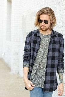 The Kentucky Gent in H&M Lightweight Sweater, H&M Side Zip Buffalo Plaid Shirt, H&M Skinny Jeans, Steve Madden Troopah Boots, and Ray-Ban Aviator Sunglasses.