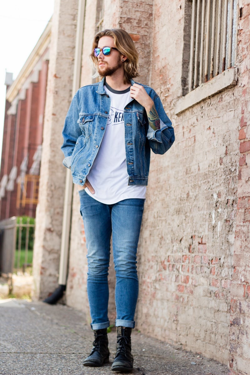The Kentucky Gent, a men's fashion and life style blogger, in Levi's Denim Jacket, Kentucky for Kentucky Baseball Tee, H&M Skinny Jeans, and Steve Madden Troopah Boots.