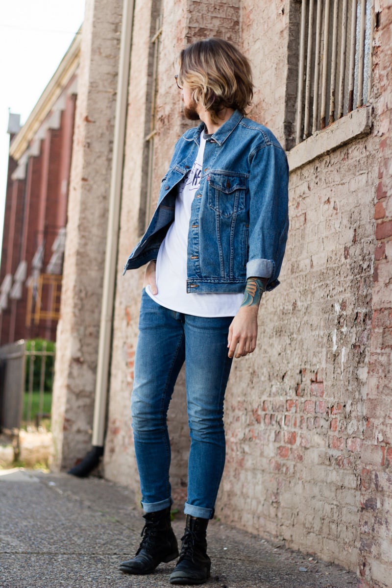The Kentucky Gent, a men's fashion and life style blogger, in Levi's Denim Jacket, Kentucky for Kentucky Baseball Tee, H&M Skinny Jeans, and Steve Madden Troopah Boots.