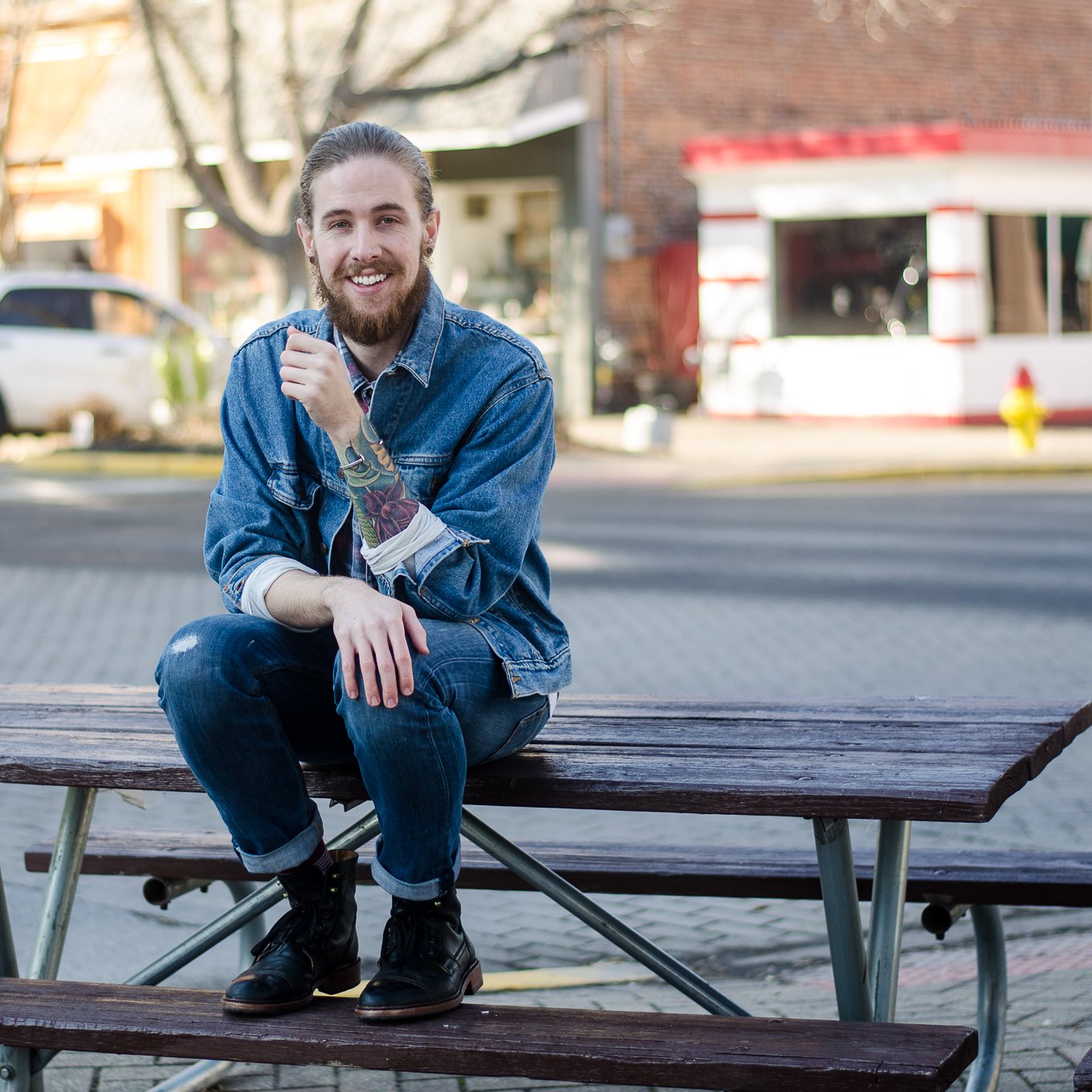 The Kentucky Gent, a Louisville, Kentucky based men's fashion and lifestyle blogger, wearing Levi's Denim Jacket and Jeans, Plaid Shirt, Giles and Brother Cuff, SPY Optic Sunglasses, and Trask Boots.