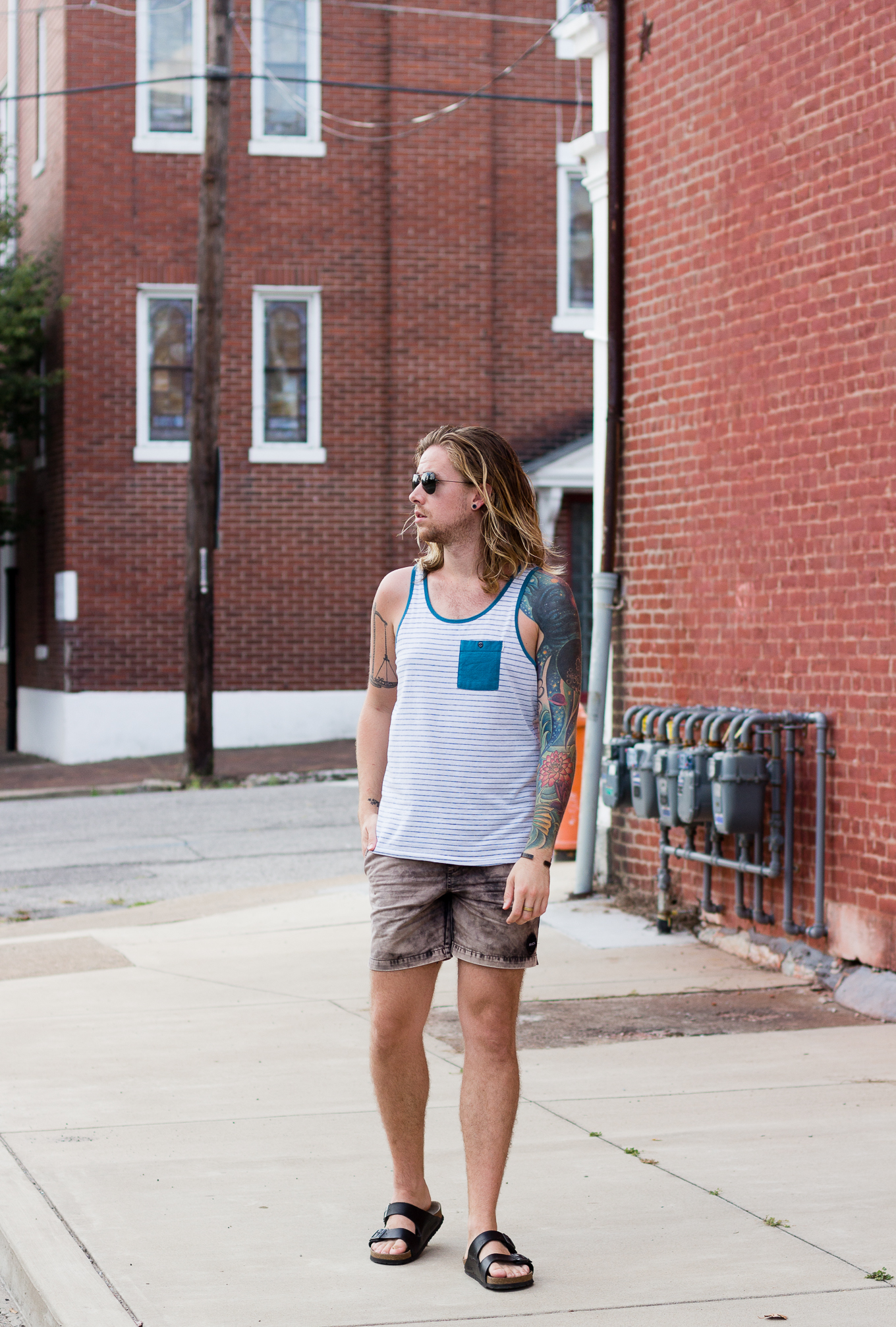 ambig clothing, rvca, mens tank top, birkenstock sandals, mens fashion blog