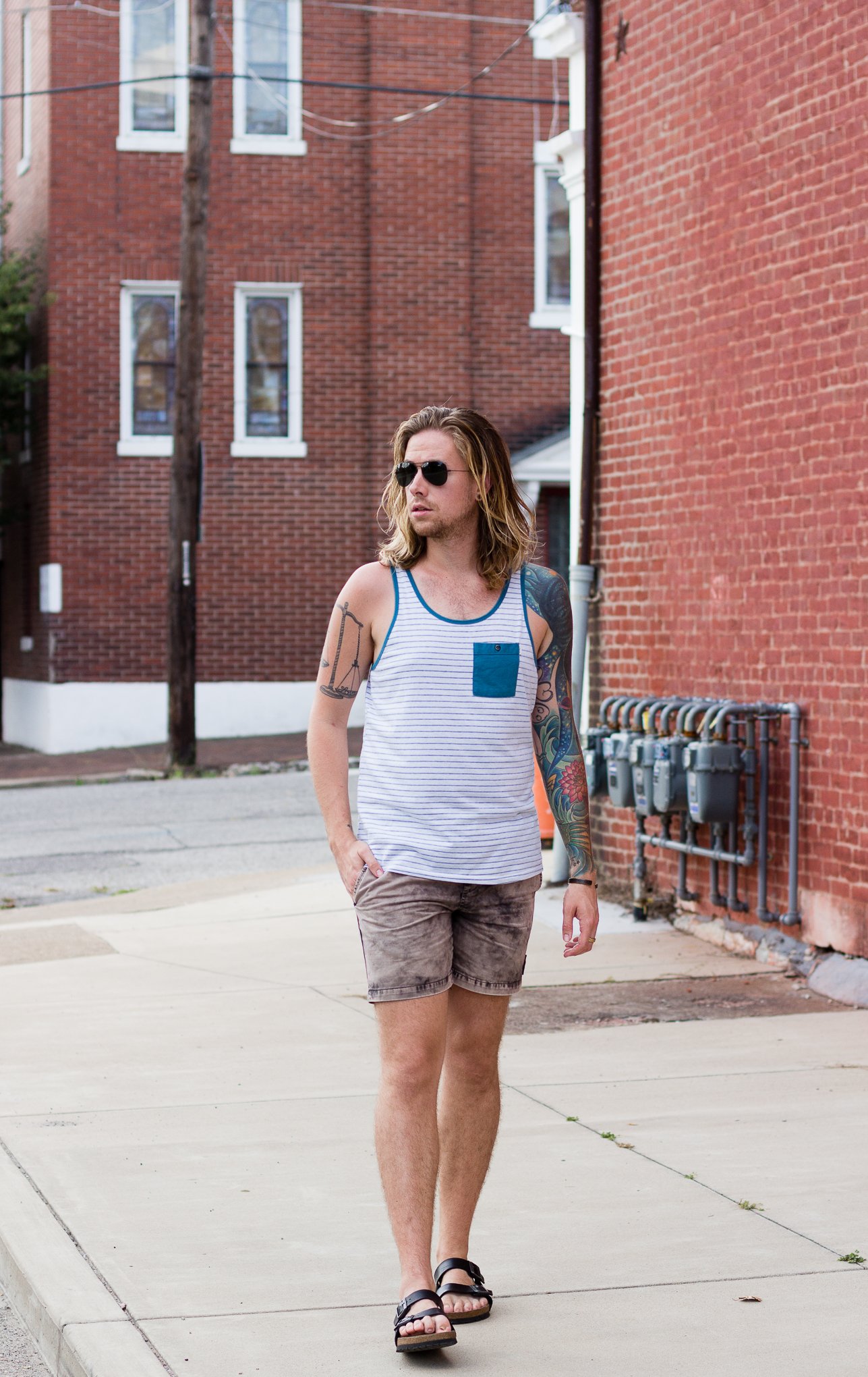 ambig clothing, rvca, mens tank top, birkenstock sandals, mens fashion blog