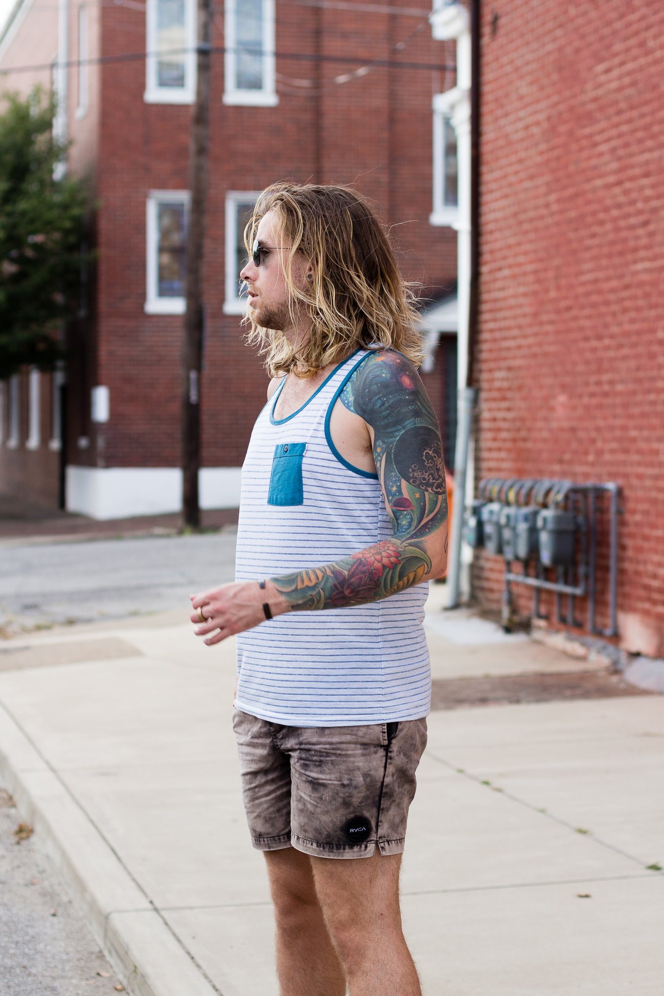 ambig clothing, rvca, mens tank top, birkenstock sandals, mens fashion blog