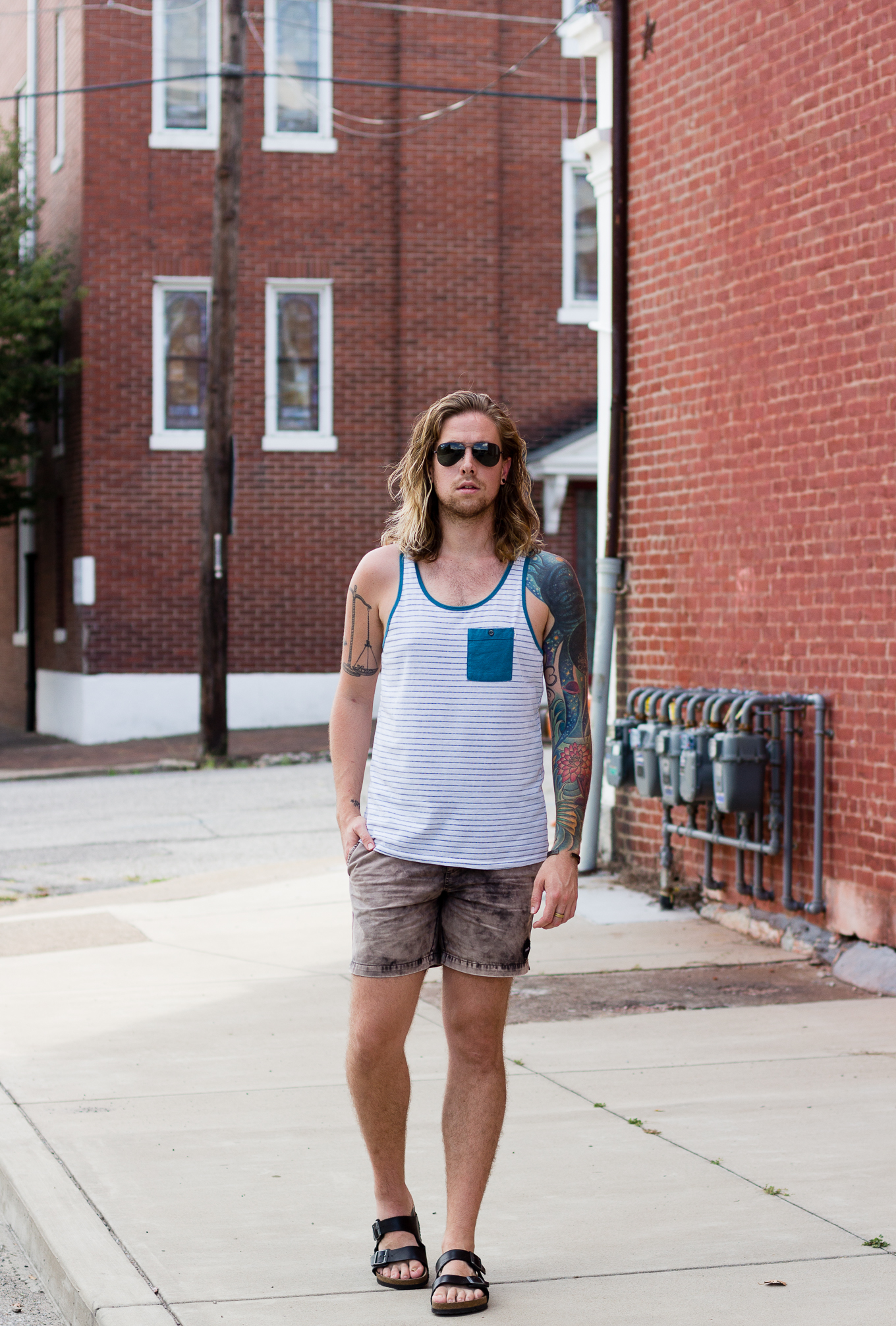 ambig clothing, rvca, mens tank top, birkenstock sandals, mens fashion blog