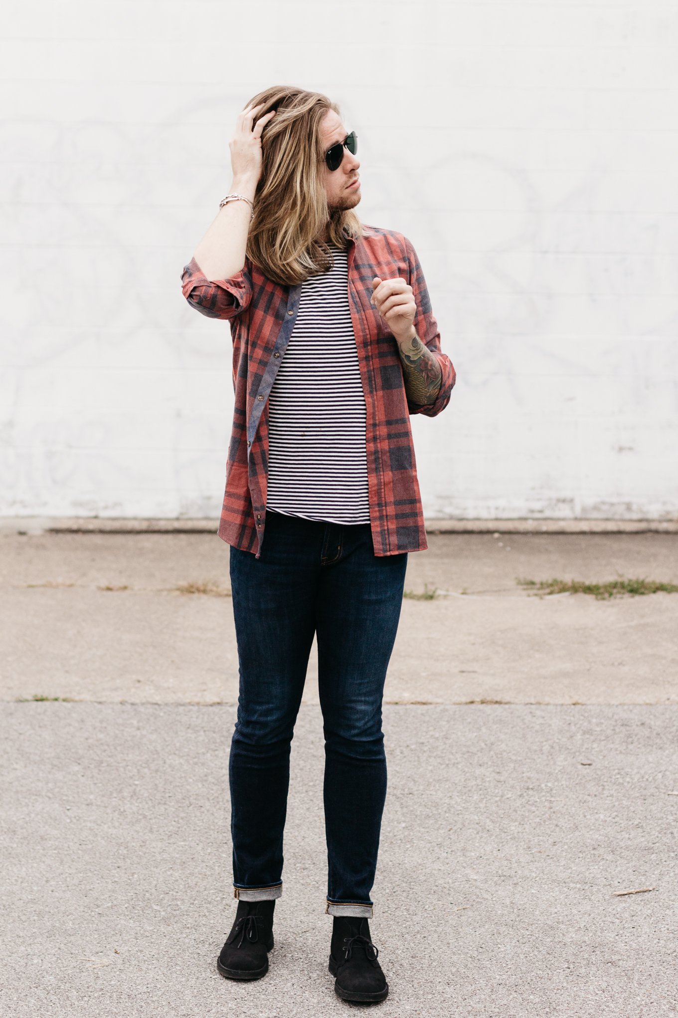 living proof hair care, big star denim, five four clothing company, mens fall fashion, how to wear stripes and plaid