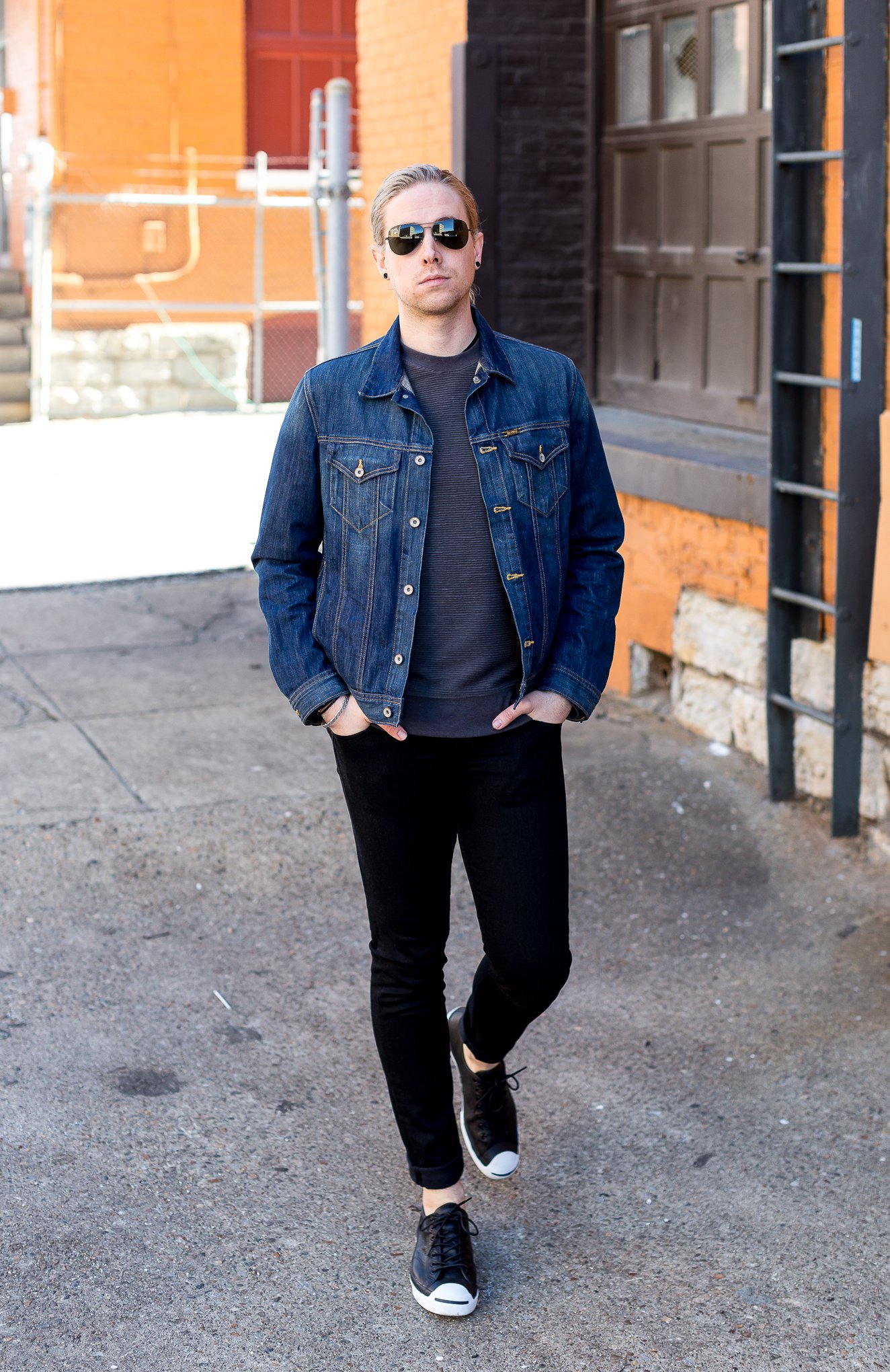 Young Asian Man in Jeans Jacket or Denim Jacket Touching Sunglasses. Denim  or Jeans Jacket Men Fashion on Gray Background Stock Photo - Alamy