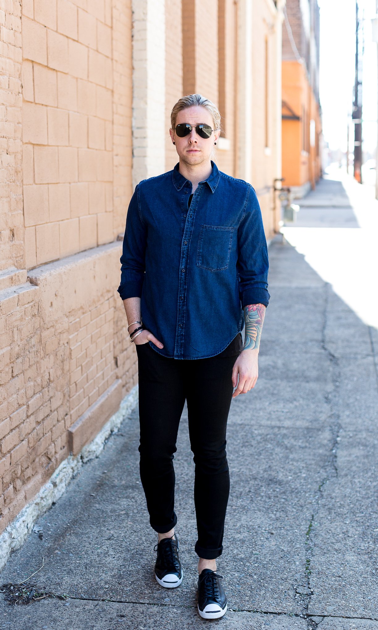 Men's Navy Denim Shirt, Black Skinny Jeans, Black Floral Leather Loafers,  No Show Socks | Lookastic