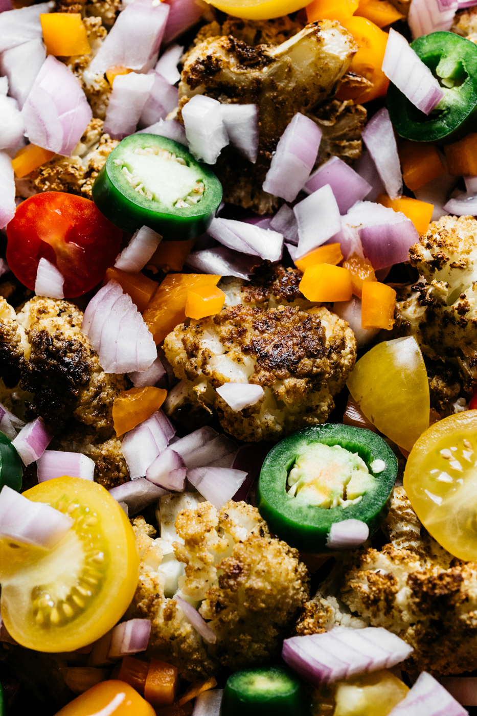 loaded cauliflower nachos, cauliflower nachos, low carb nachos, vegetarian appetizers, pride party food, rainbow food