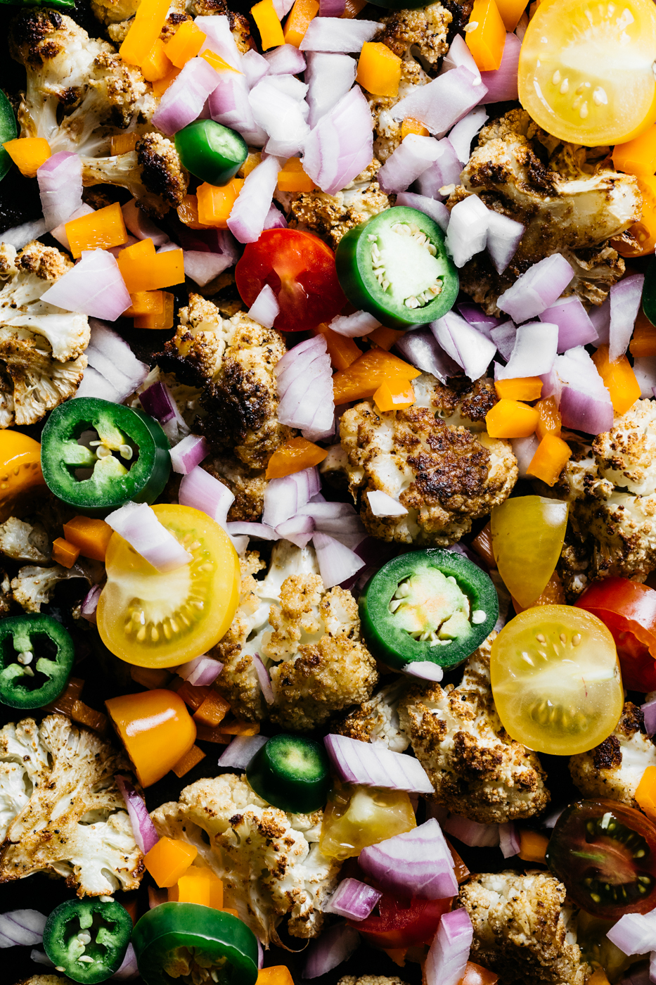 loaded cauliflower nachos, cauliflower nachos, low carb nachos, vegetarian appetizers, pride party food, rainbow food