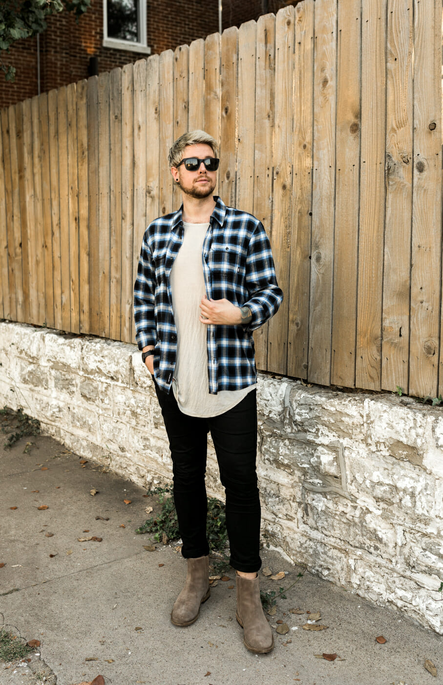 Frye Side Zip Boots with Black Jeans and Plaid Shirt