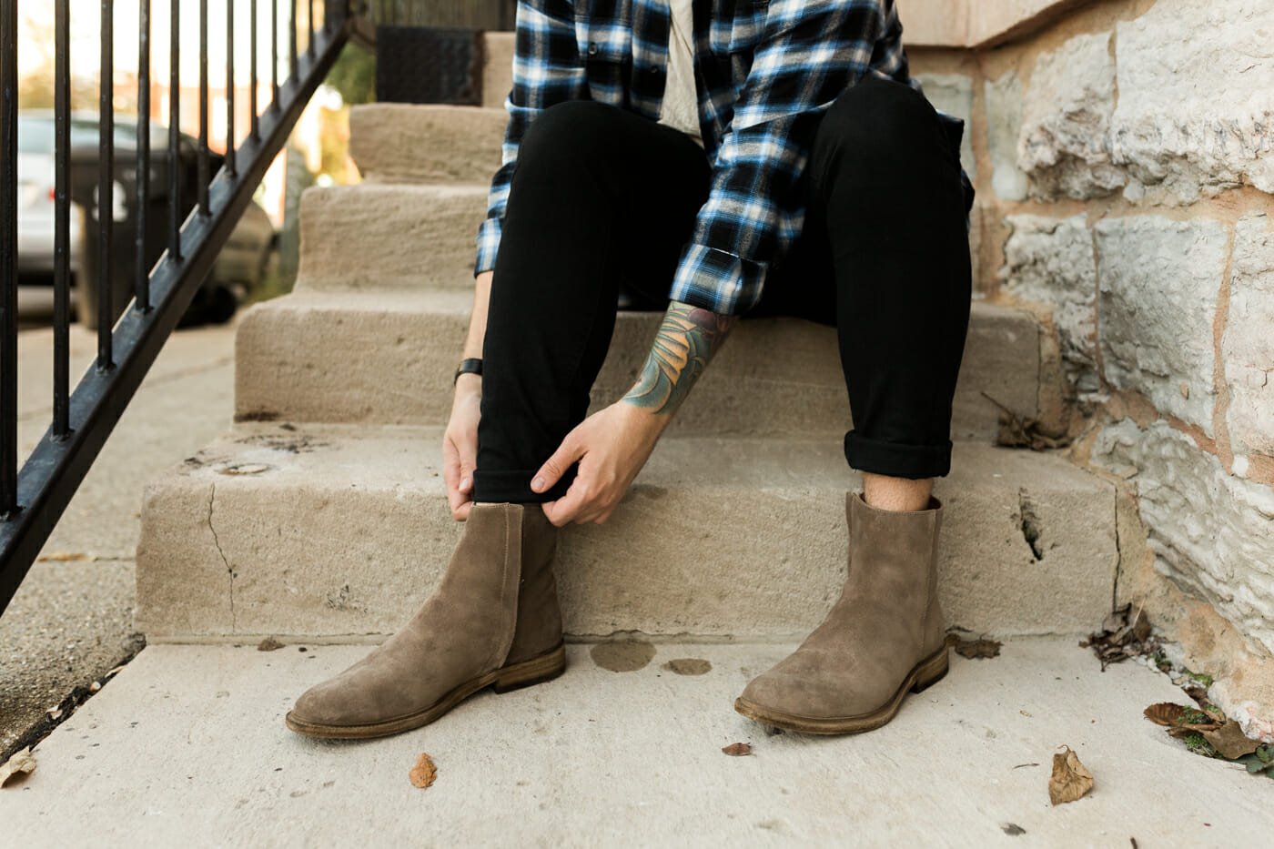 Frye Side Zip Boots with Black Jeans and Plaid Shirt