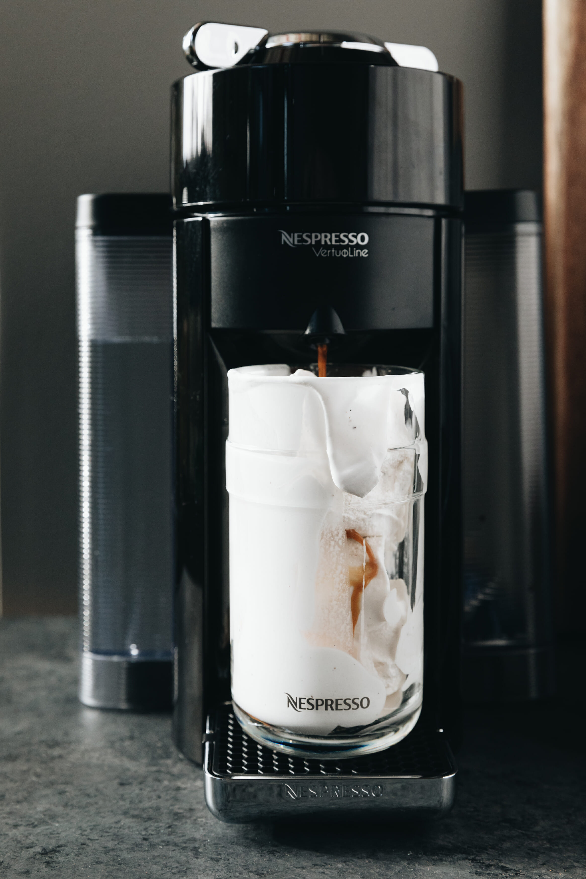 nespresso machine brewing coffee with ice cream