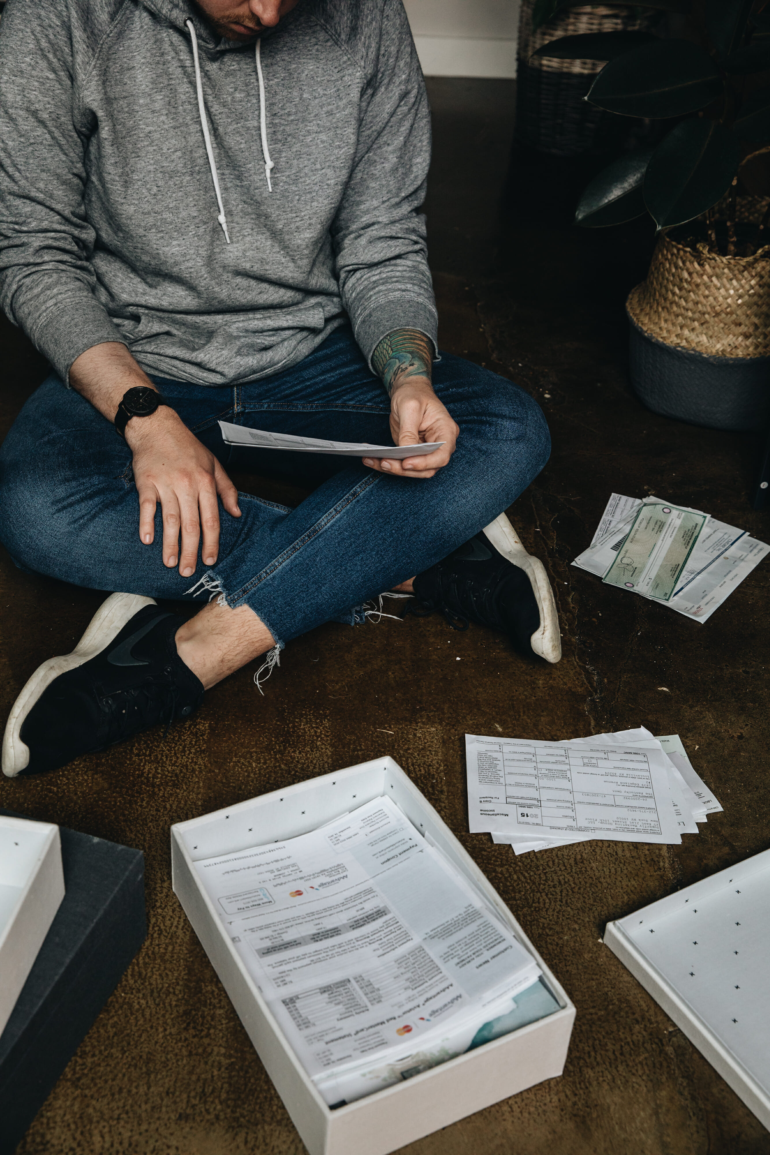 sorting through receipts